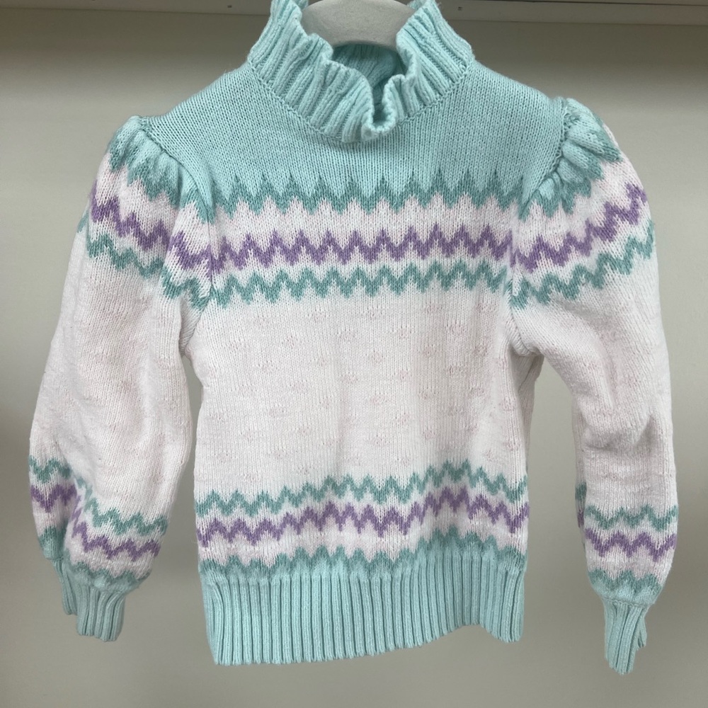 Janie and Jack Mint, White, and Purple Fair Isle Sweater - Toddler Girl 3T